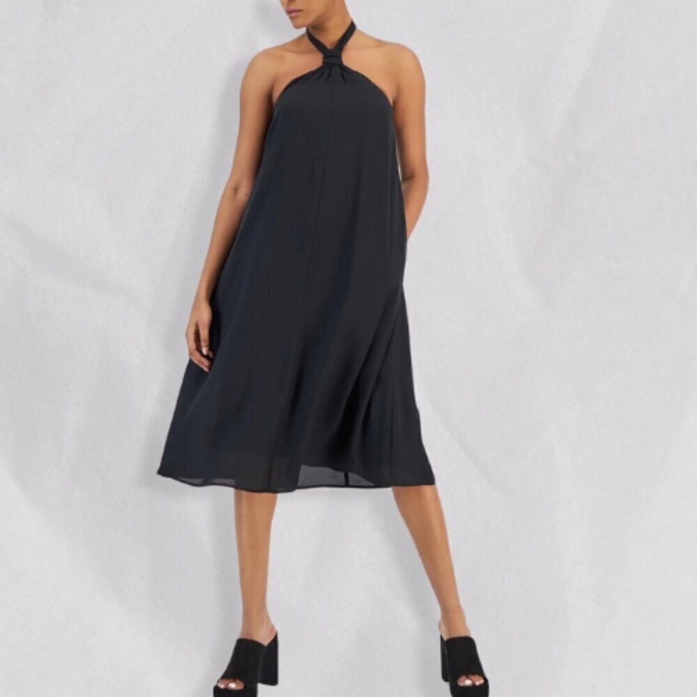 INC Dress Flowy Midi Length Halter Neckline Side Pockets Black Medium